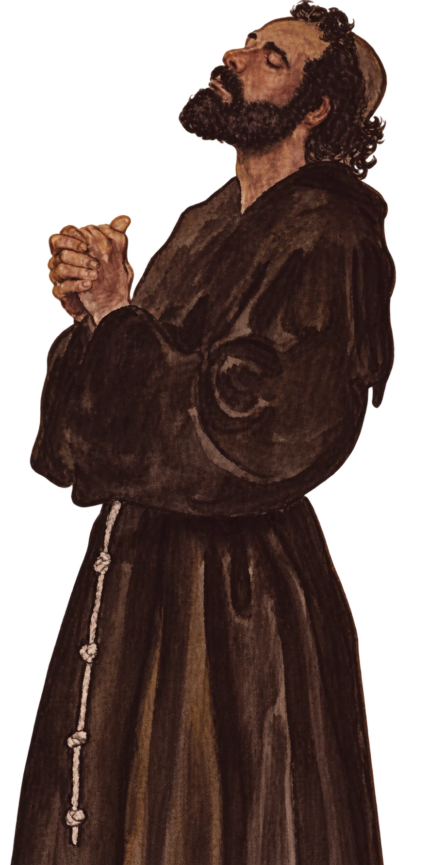 The priest, eyes closed, hands clasped in prayer